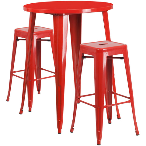 30'' Round Metal Indoor-Outdoor Bar Table Set with 2 Square Seat Backless Barstools