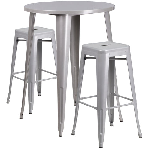 30'' Round Metal Indoor-Outdoor Bar Table Set with 2 Square Seat Backless Barstools