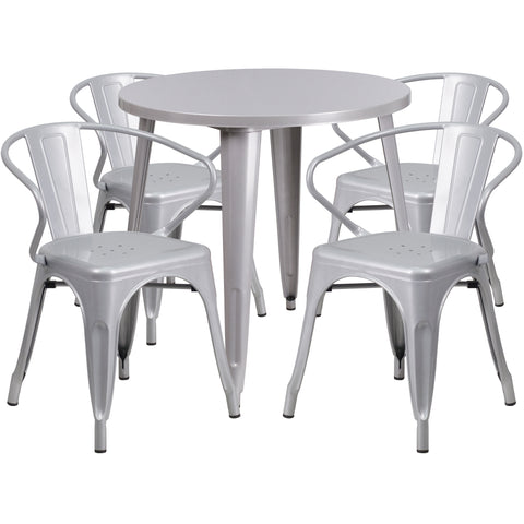30'' Round Metal Indoor-Outdoor Table Set with 4 Arm Chairs