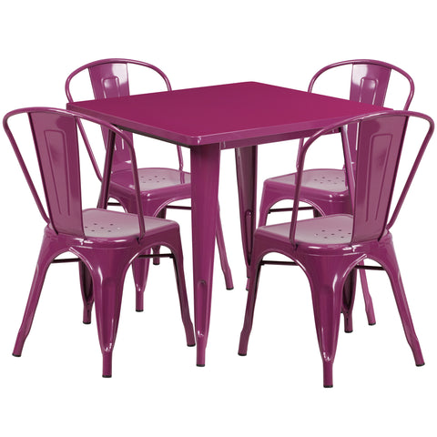 31.5'' Square Metal Indoor-Outdoor Table Set with 4 Stack Chairs