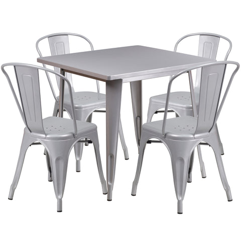 31.5'' Square Metal Indoor-Outdoor Table Set with 4 Stack Chairs