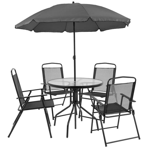 Nantucket 6 Piece Patio Garden Set with Table, Umbrella and 4 Folding Chairs