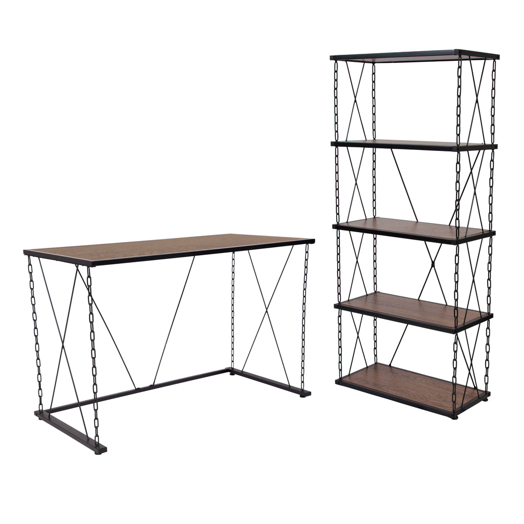 Vernon Hills Collection Wood Grain Finish Computer Desk and Four Shelf Bookshelf with Chain Accent Metal Frame
