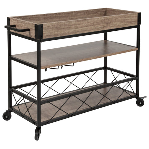 Buckhead Distressed Wood and Iron Kitchen Serving and Bar Cart with Wine Glass Holders