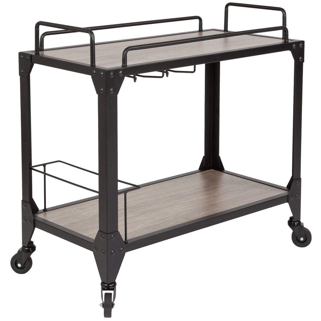 Midtown Wood and Iron Kitchen Serving and Bar Cart with Wine Glass Holders