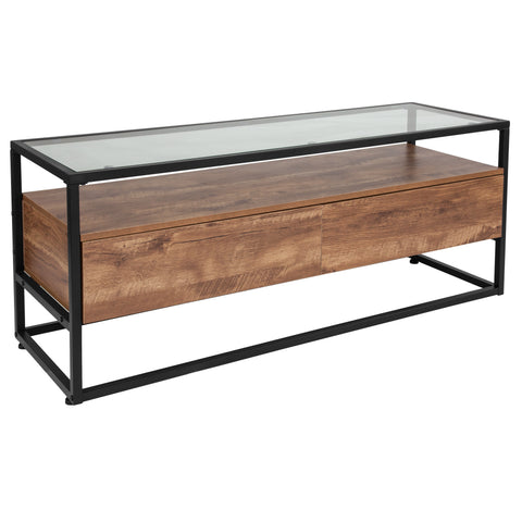 Cumberland Collection Glass Coffee Table with Two Drawers and Shelf in Wood Grain Finish