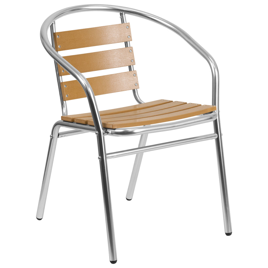 Aluminum Commercial Indoor-Outdoor Restaurant Stack Chair with Triple Slat Faux Teak Back