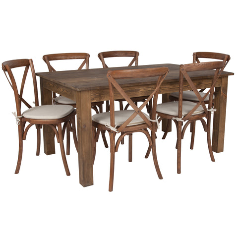 60"" x 38"" Farm Table Set with 6 Cross Back Chairs and Cushions