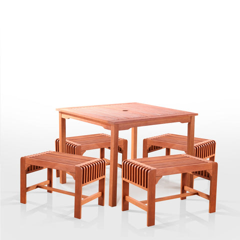 5-Piece Dining Set with Eucalyptus Wood Square Table and Backless Benches