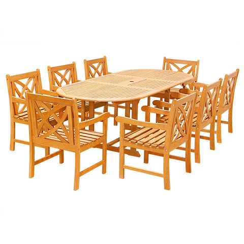 Eco-Friendly 9-Piece Wood Outdoor Dining Set  with Oval Extension Table and Flower Back Arm Chairs V144SET25