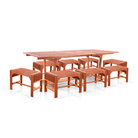 9-Piece Dining Set with Extension Table and Backless Benches