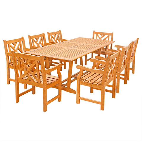 Eco-Friendly 9-Piece Wood Outdoor Dining Set  with Rectangular Extension Table and Decorative Back Arm Chairs V232SET32