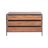 Spacious Three Drawer Acacia Wood Chest With Iron Framework, Brown and Black