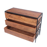 Spacious Three Drawer Acacia Wood Chest With Iron Framework, Brown and Black