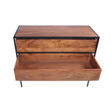 Spacious Three Drawer Acacia Wood Chest With Iron Framework, Brown and Black