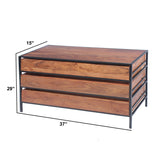 Spacious Three Drawer Acacia Wood Chest With Iron Framework, Brown and Black