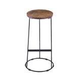 Round Brown and Black Iron Base Bar Stool With Acacia Wood Seat