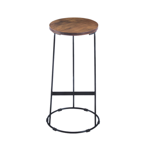 Round Brown and Black Iron Base Bar Stool With Acacia Wood Seat
