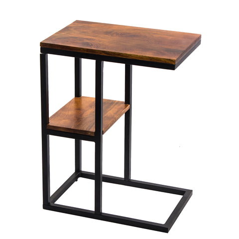 Iron Framed Mango Wood Accent Table with Lower Shelf, Brown