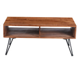 42 Inch Handcrafted Mango Wood Coffee Table with Metal Hairpin Legs, Brown and Black