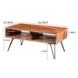 42 Inch Handcrafted Mango Wood Coffee Table with Metal Hairpin Legs, Brown and Black