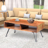 42 Inch Handcrafted Mango Wood Coffee Table with Metal Hairpin Legs, Brown and Black