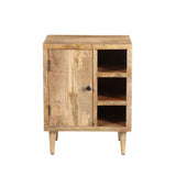 Transitional Mango Wood Side Table with Open Cubbies and Door Storage, Natural Brown