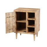 Transitional Mango Wood Side Table with Open Cubbies and Door Storage, Natural Brown