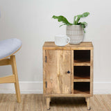 Transitional Mango Wood Side Table with Open Cubbies and Door Storage, Natural Brown