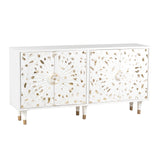 Rustic 4 Door Mango Wood Sideboard with Carved Front, White and Brown