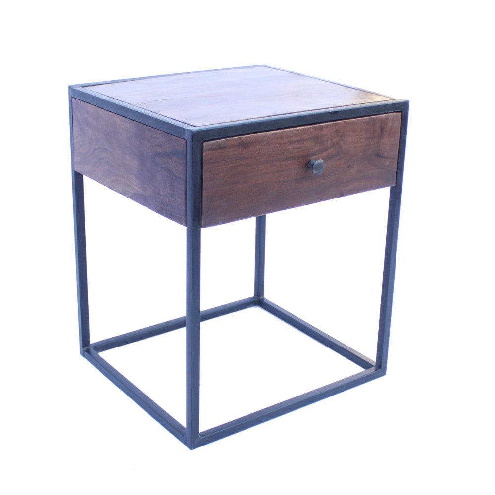 The Urban Port Wooden End Table/Night Stand With One Drawer, Brown & Black
