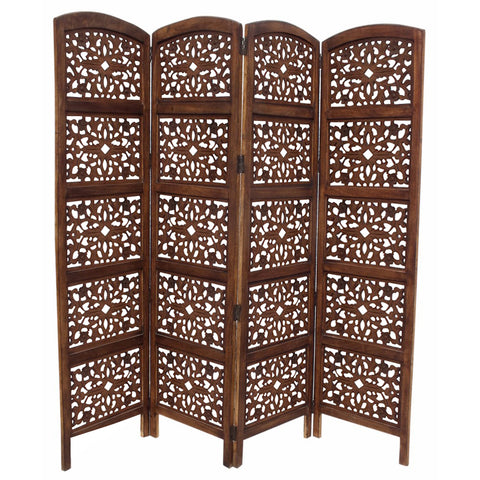 Handmade Fold able 4-Panel Wooden Partition Screen Room Divider, Brown