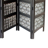 Four Panel Mango Wood Room Divider with Traditional Carvings, Black and White