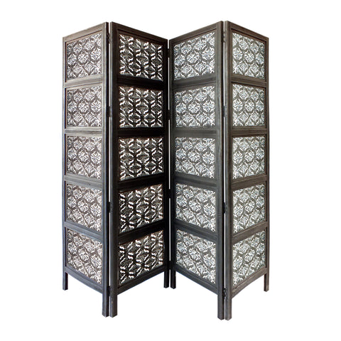 Four Panel Mango Wood Room Divider with Traditional Carvings, Black and White