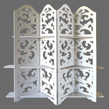 Hand Carved Four Panel Wooden Room Divider with Shelving Unit, White