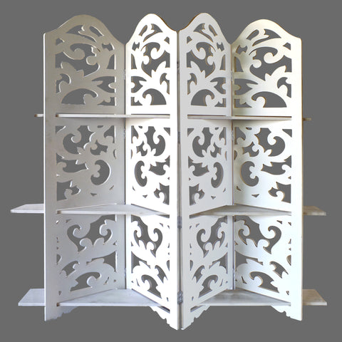 Hand Carved Four Panel Wooden Room Divider with Shelving Unit, White