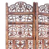 Handcrafted 3 Panel Mango Wood Screen with Cutout Filigree Carvings, Brown