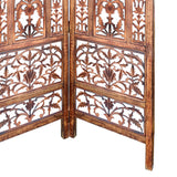 Handcrafted 3 Panel Mango Wood Screen with Cutout Filigree Carvings, Brown