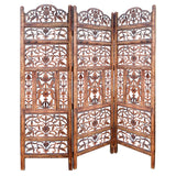 Handcrafted 3 Panel Mango Wood Screen with Cutout Filigree Carvings, Brown