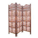 3 Panel Mango Wood Screen with Intricate Cutout Carvings, Brown