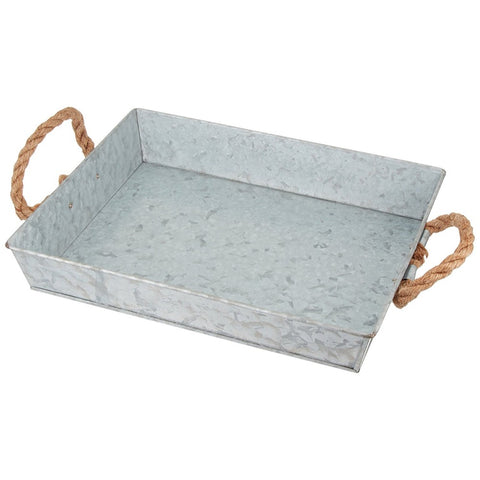 Benzara Mix Media Galvanized Tray  With Rope Handles, Gray