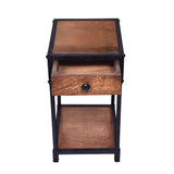 Metal Framed Mango Wood End Table with Drawer and Open Base, Brown and Black