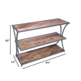 Metal Framed Three Tier Console Table with Mango Wood Shelves, Brown and Gray