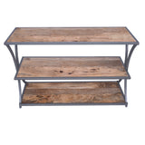 Metal Framed Three Tier Console Table with Mango Wood Shelves, Brown and Gray