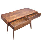 Mango Wood Writing Desk with Two Drawers and Tapered Legs, Brown