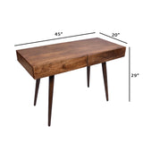 Mango Wood Writing Desk with Two Drawers and Tapered Legs, Brown