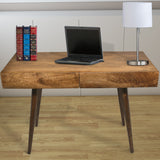 Mango Wood Writing Desk with Two Drawers and Tapered Legs, Brown