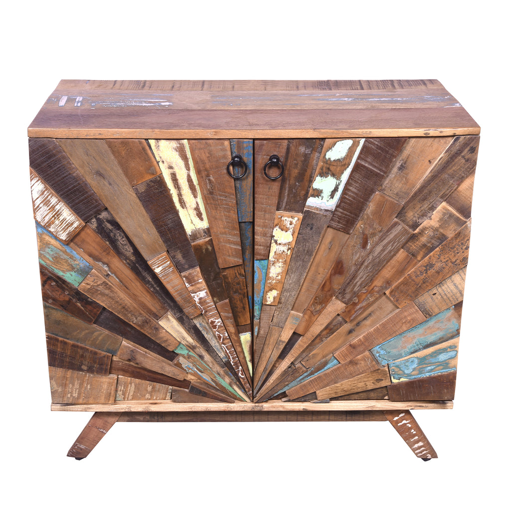 Rustic Style Wooden Sideboard with Sunburst Design Door Storage, Distressed Brown
