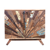 Rustic Style Wooden Sideboard with Sunburst Design Door Storage, Distressed Brown
