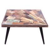 Square Wooden Coffee Table with Sunburst Design Glass Inserted Top, Multicolor